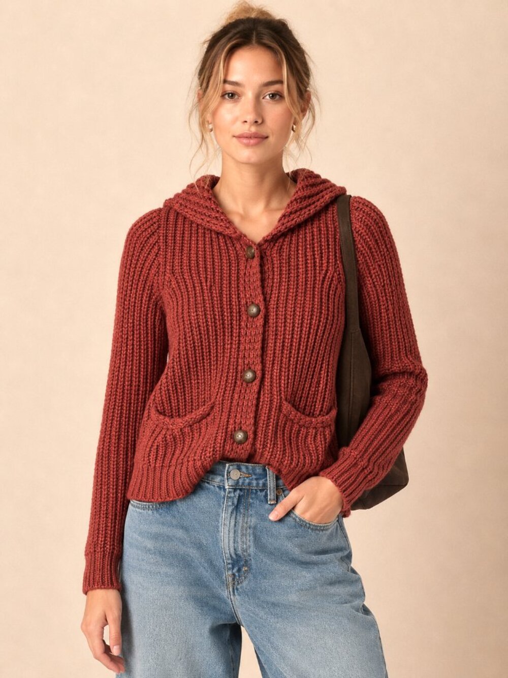 Ralph Lauren Chunky Knit Cardigan Rust Button Front Sweater Size XS